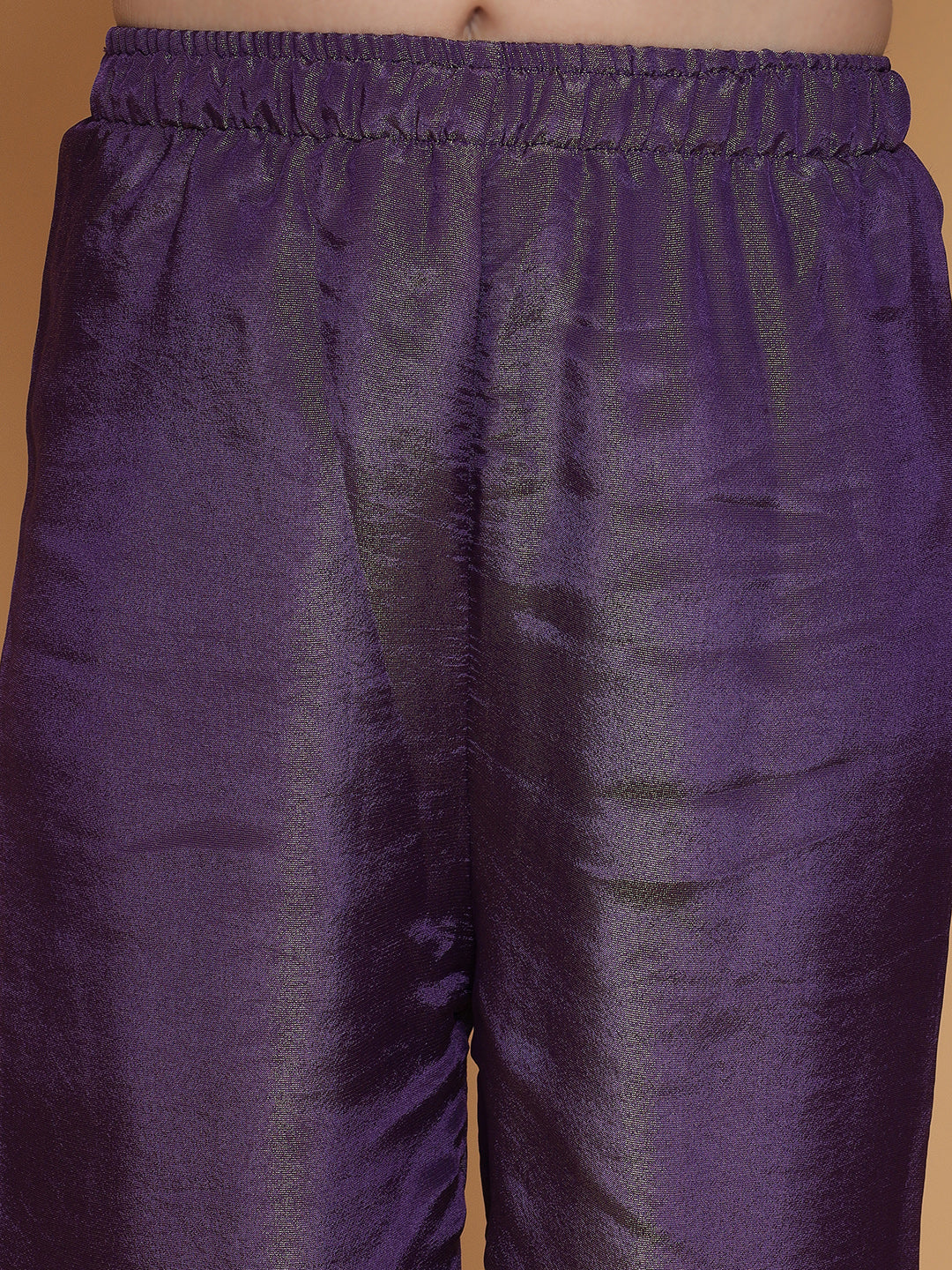 Girls Purple Gold Handwork Tissue Kurta, Pant And Dupatta Set