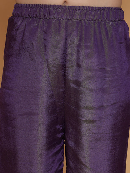 Girls Purple Gold Handwork Tissue Kurta, Pant And Dupatta Set