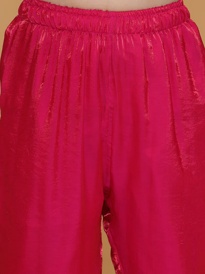 Girls Fuchsia Pink Tissue Kurta And Pant Co-Ord Set