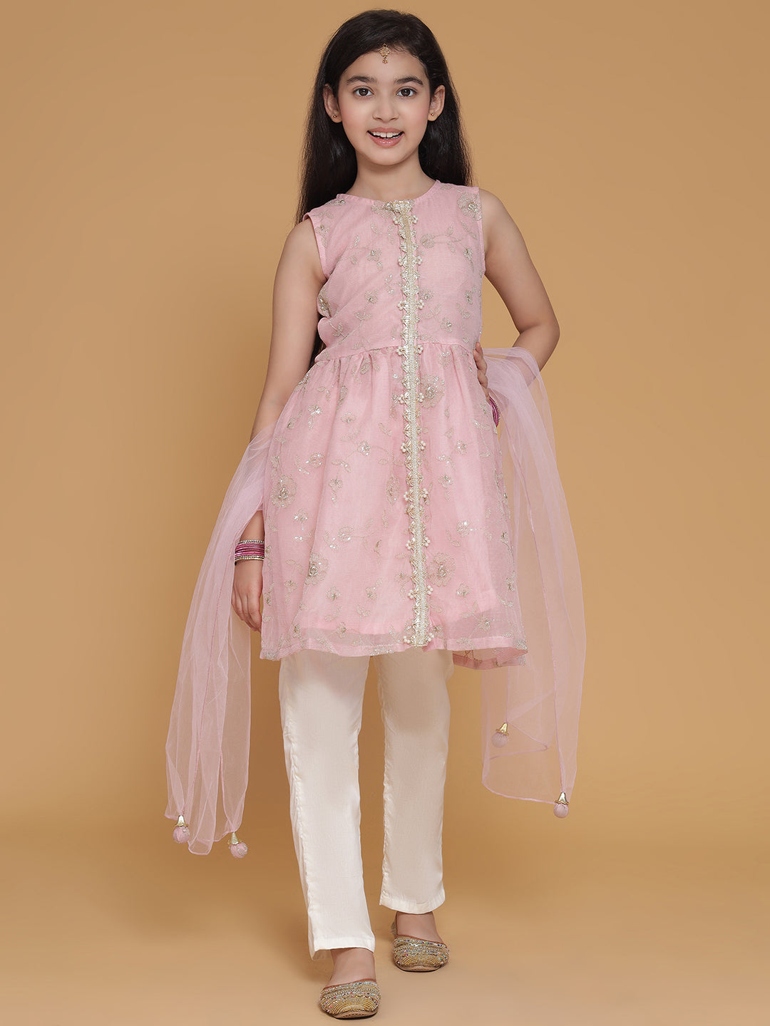 Girls Pink Sequinned Floral A Line Kurta And Pants Set With Dupatta