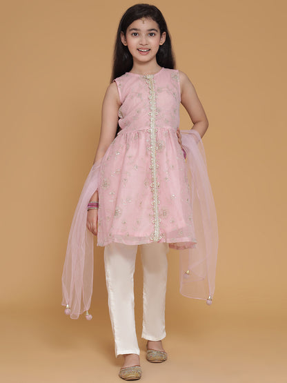 Girls Pink Sequinned Floral A Line Kurta And Pants Set With Dupatta