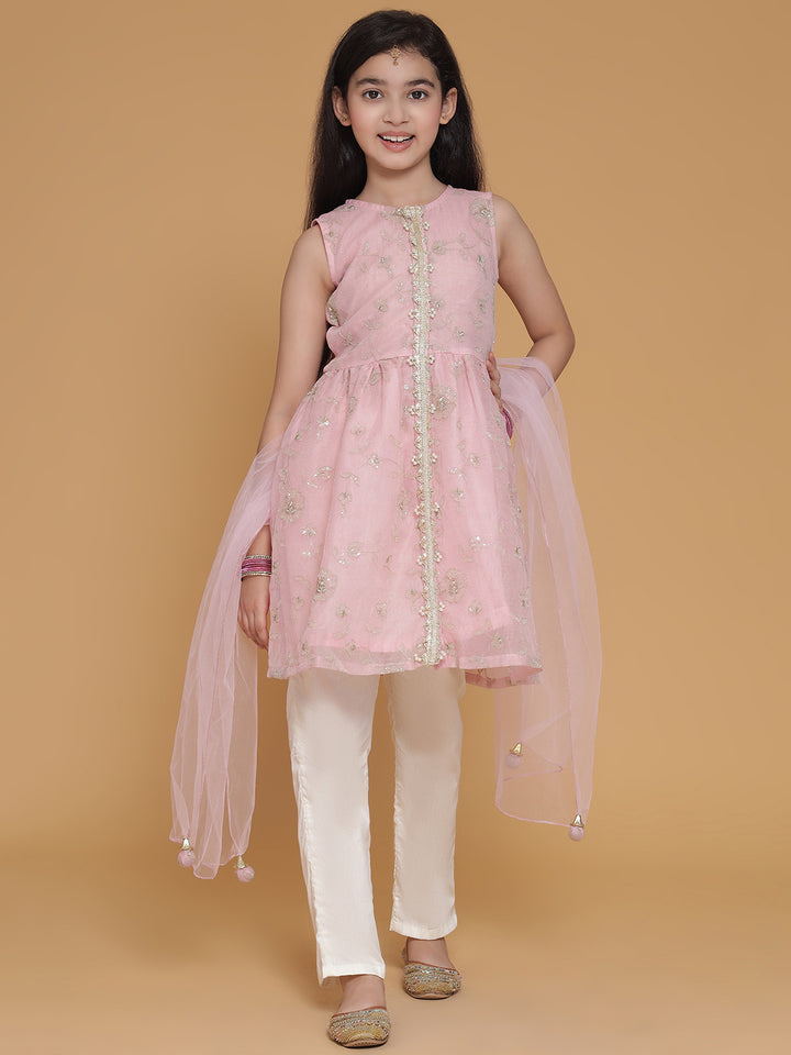 Girls Pink Sequinned Floral A Line Kurta And Pants Set With Dupatta