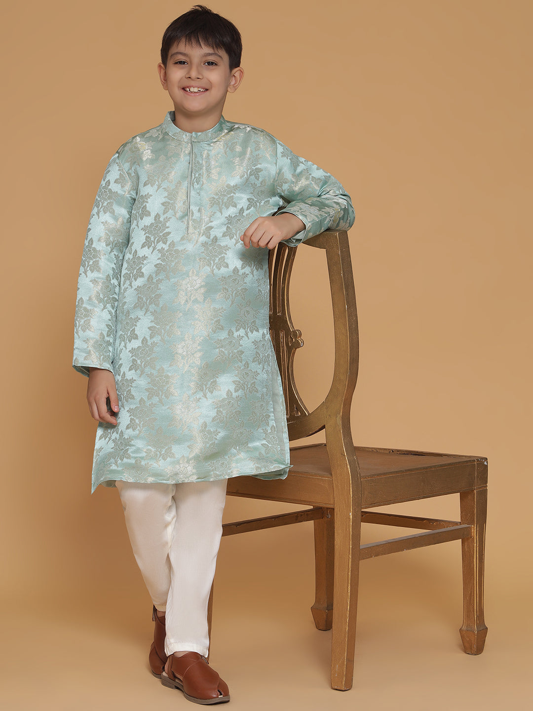 Boys Blue Jacquard Silk Floral Mandarin Collar Kurta With Trousers