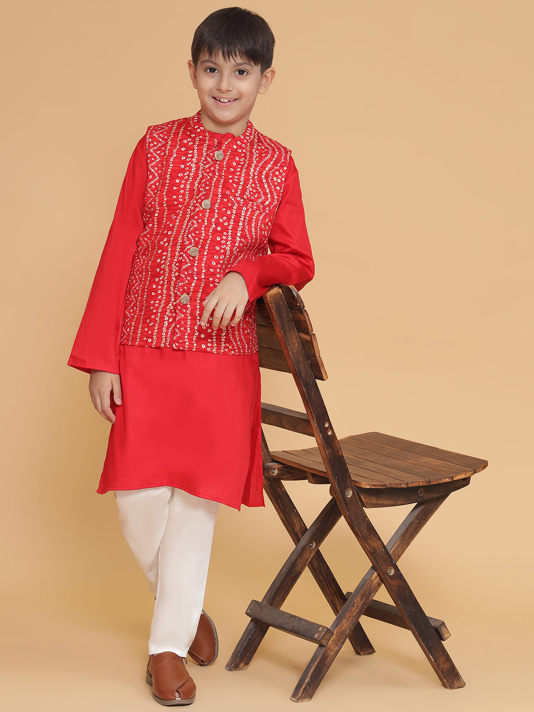 Piccolo Red Bandhani Print Nehru Jacket Kurta Pyjama Set