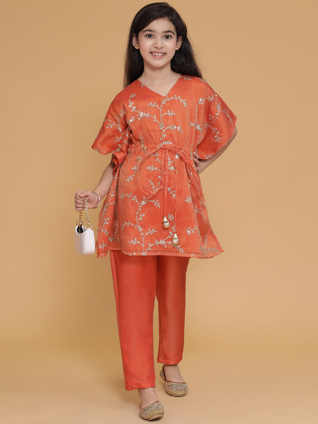 Piccolo-Tissue Kaftan Set With Pants- Orange