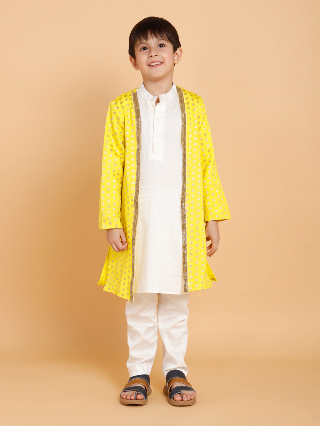 Cream Kurta Pyjama with Yellow Jacket (Set of 3)