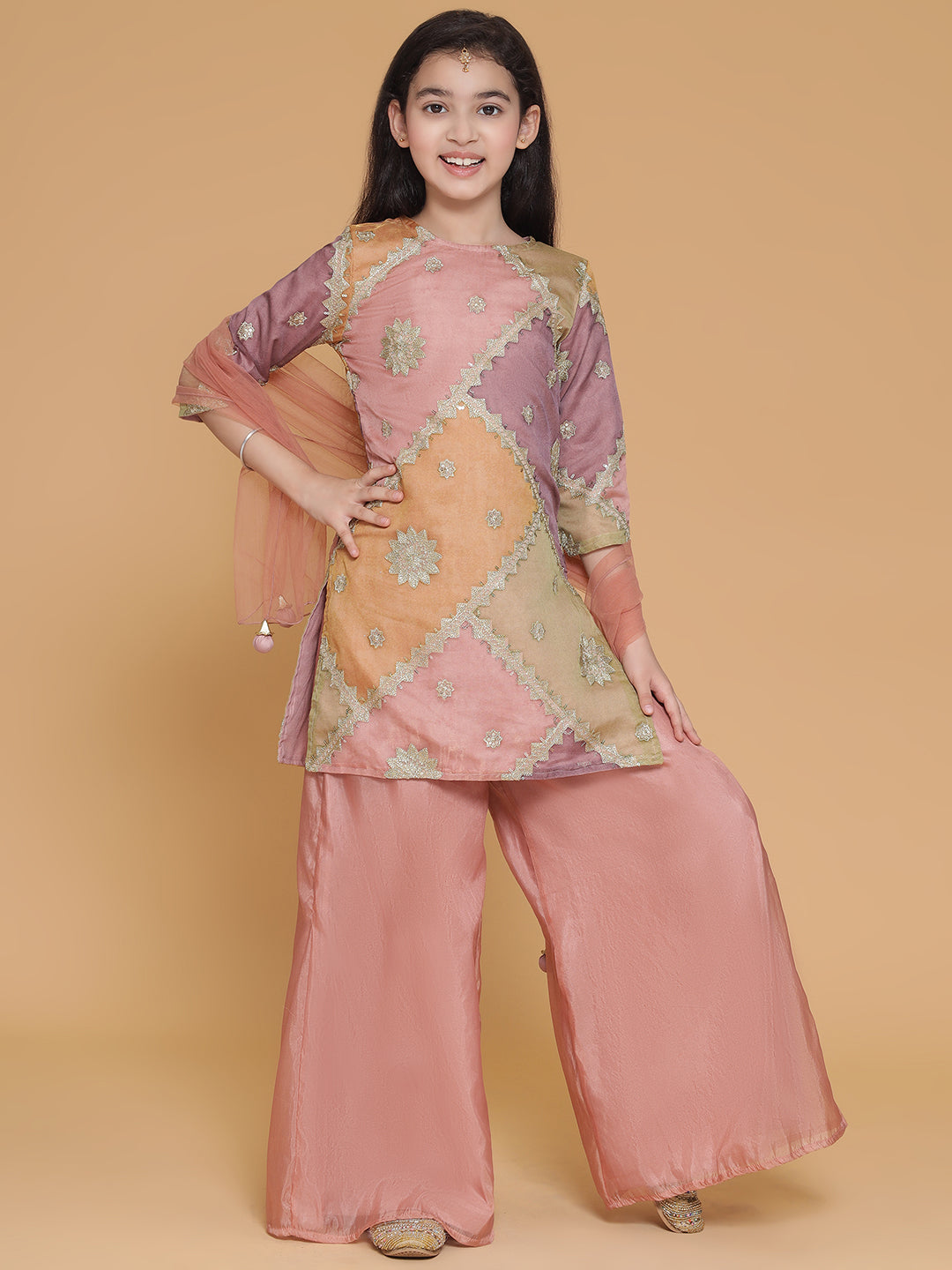 Piccolo- Embroidered Kurta With Pallazo Set - Pink