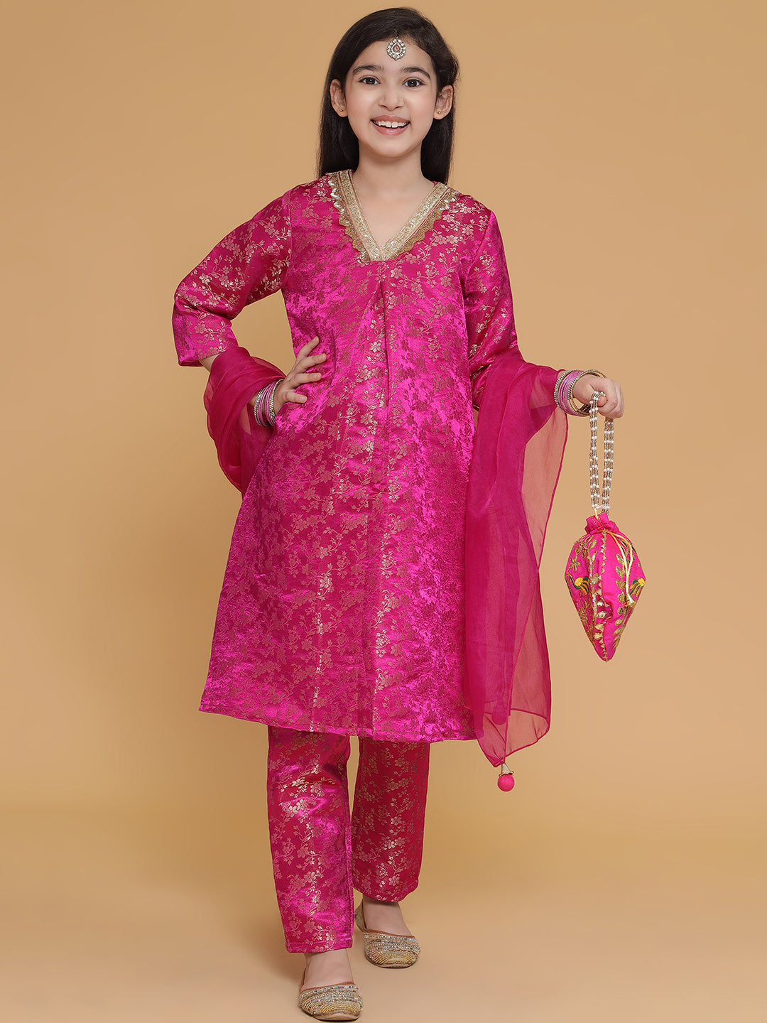 Girls Pink Brocade Silk Kurta And Pants Set With Dupatta