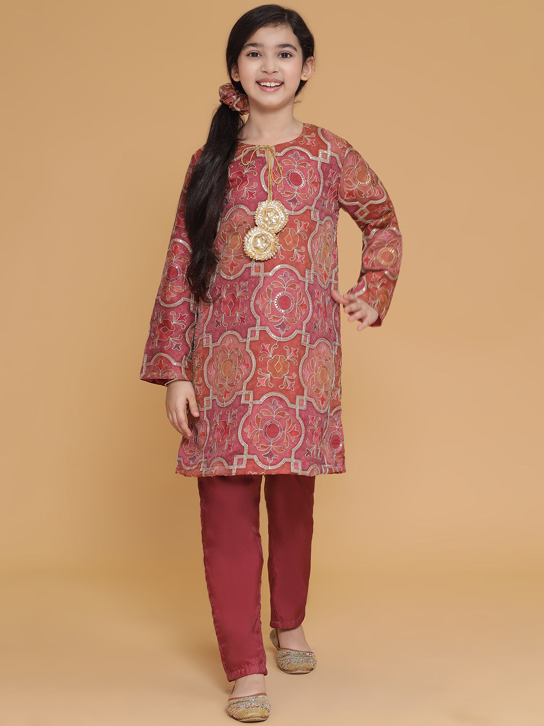 PICCOLO- Organza Embroidered Kurta Pant Set-Burgundy
