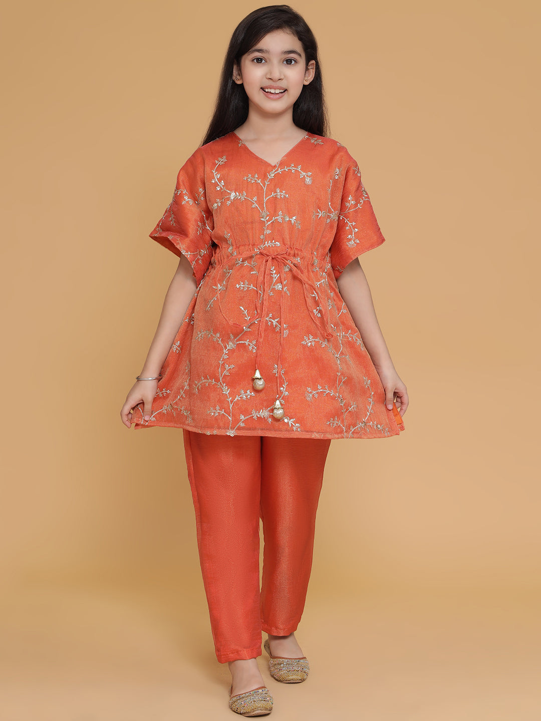 Piccolo-Tissue Kaftan Set With Pants- Orange
