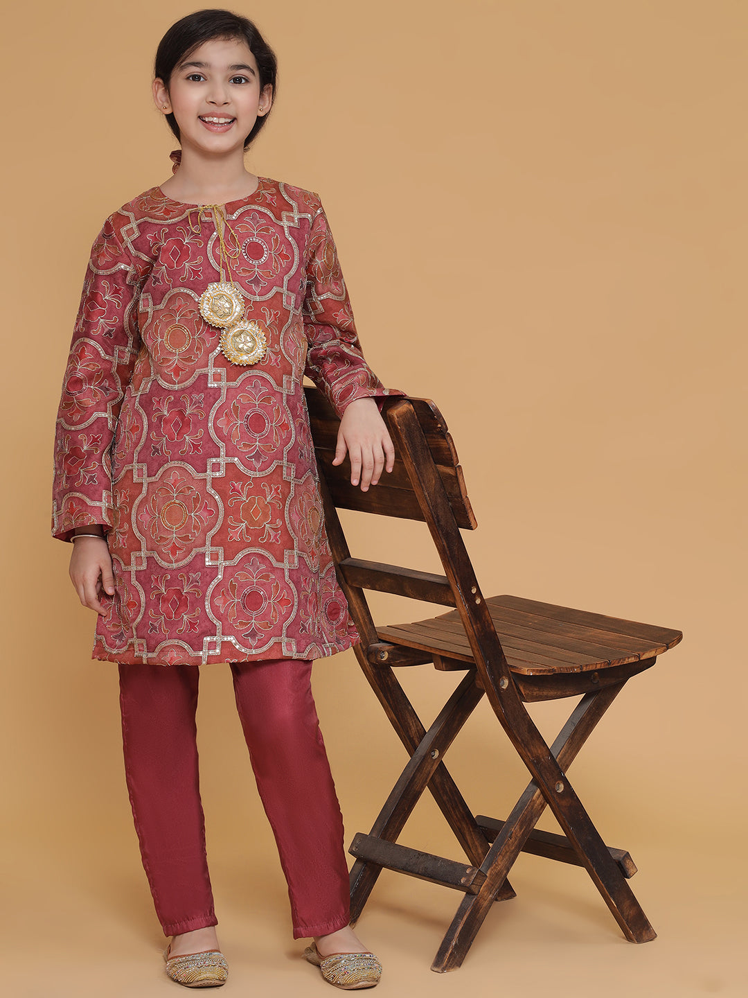 PICCOLO- Organza Embroidered Kurta Pant Set-Burgundy