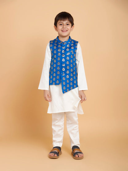 Boys Cream Kurta Pyjama with Blue Jacket Printed (Set of 3)