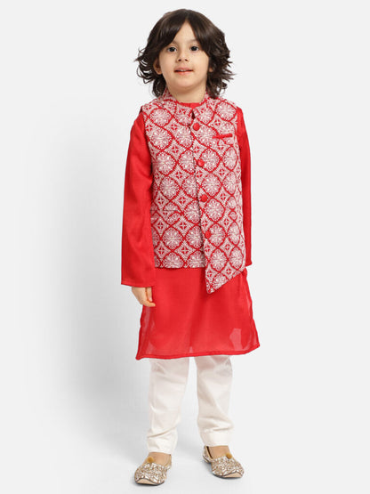 Red Kurta Payjama With Chikankari Asymetric WaistCoat