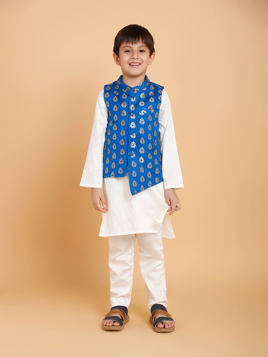 Boys Cream Kurta Pyjama with Blue Jacket Printed (Set of 3)