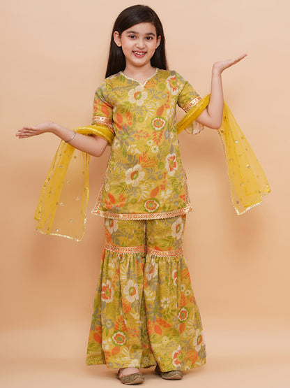Girls Yellow Floral Motif Chiffon Kurta And Sharara Set With Dupatta