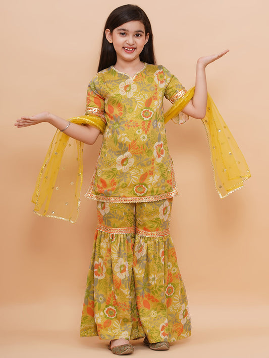 Girls Yellow Floral Motif Chiffon Kurta And Sharara Set With Dupatta