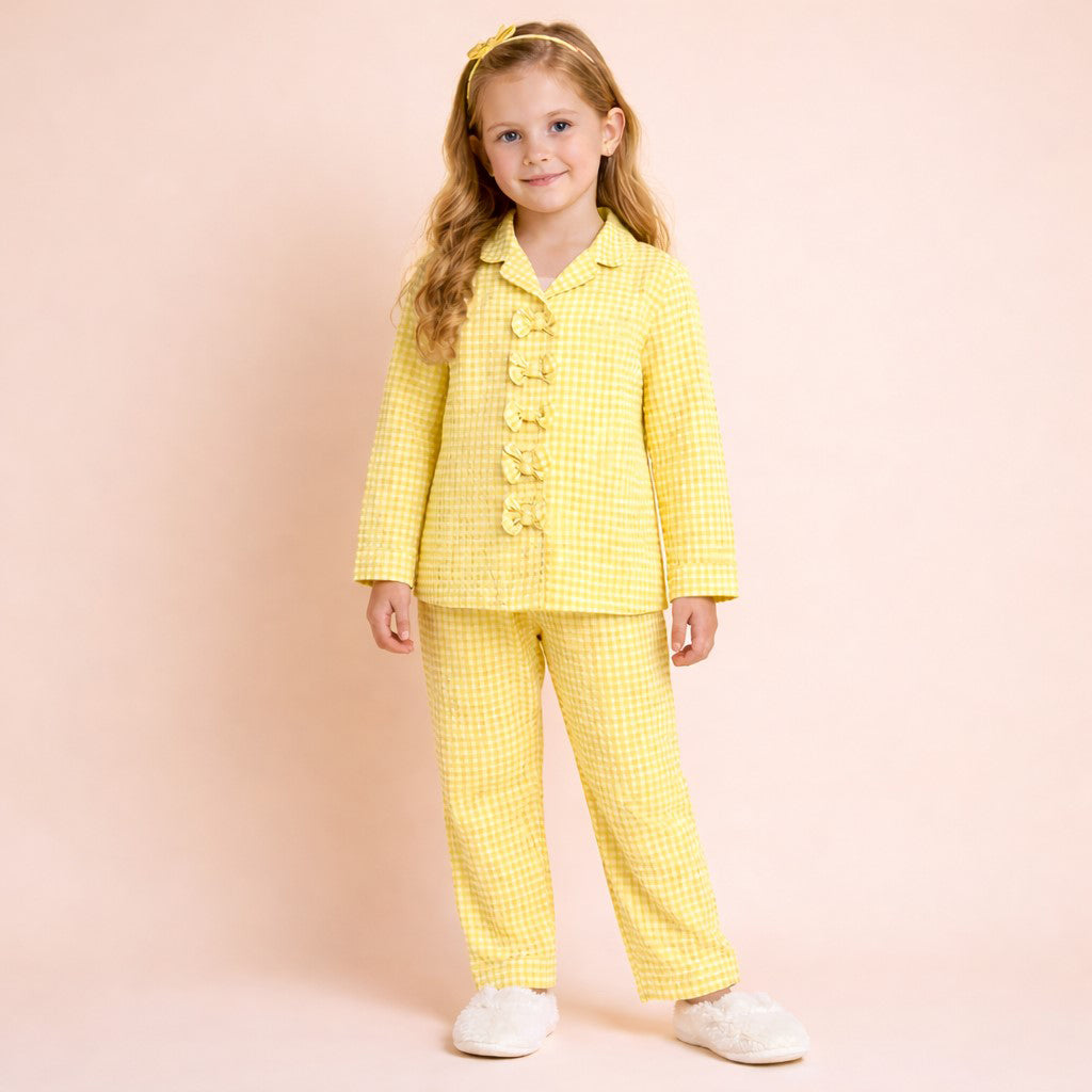 Piccolo Girls Seersucker Checkered Night Suit with Bow Applique-Yellow