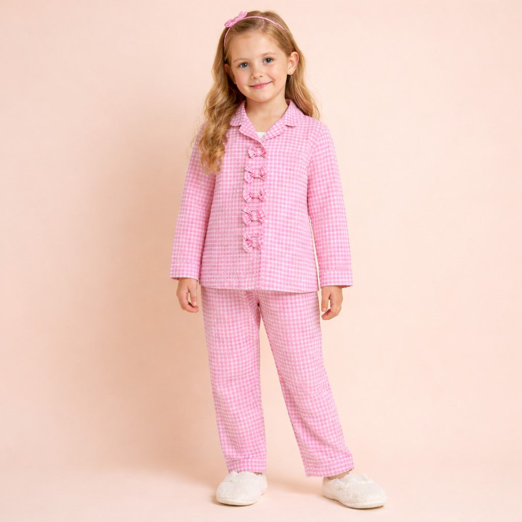 Piccolo Girls Seersucker Checkered Night Suit with Bow Applique- Pink