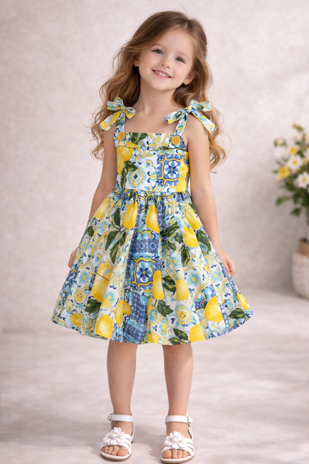 PICCOLO Shoulder Knot Lemon Printed Dress