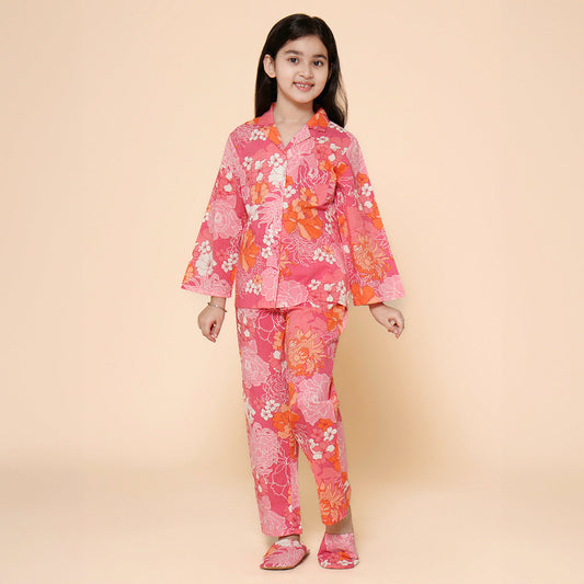 Girls Floral Pink Night Shirt And Pyjamas With Slip Ons