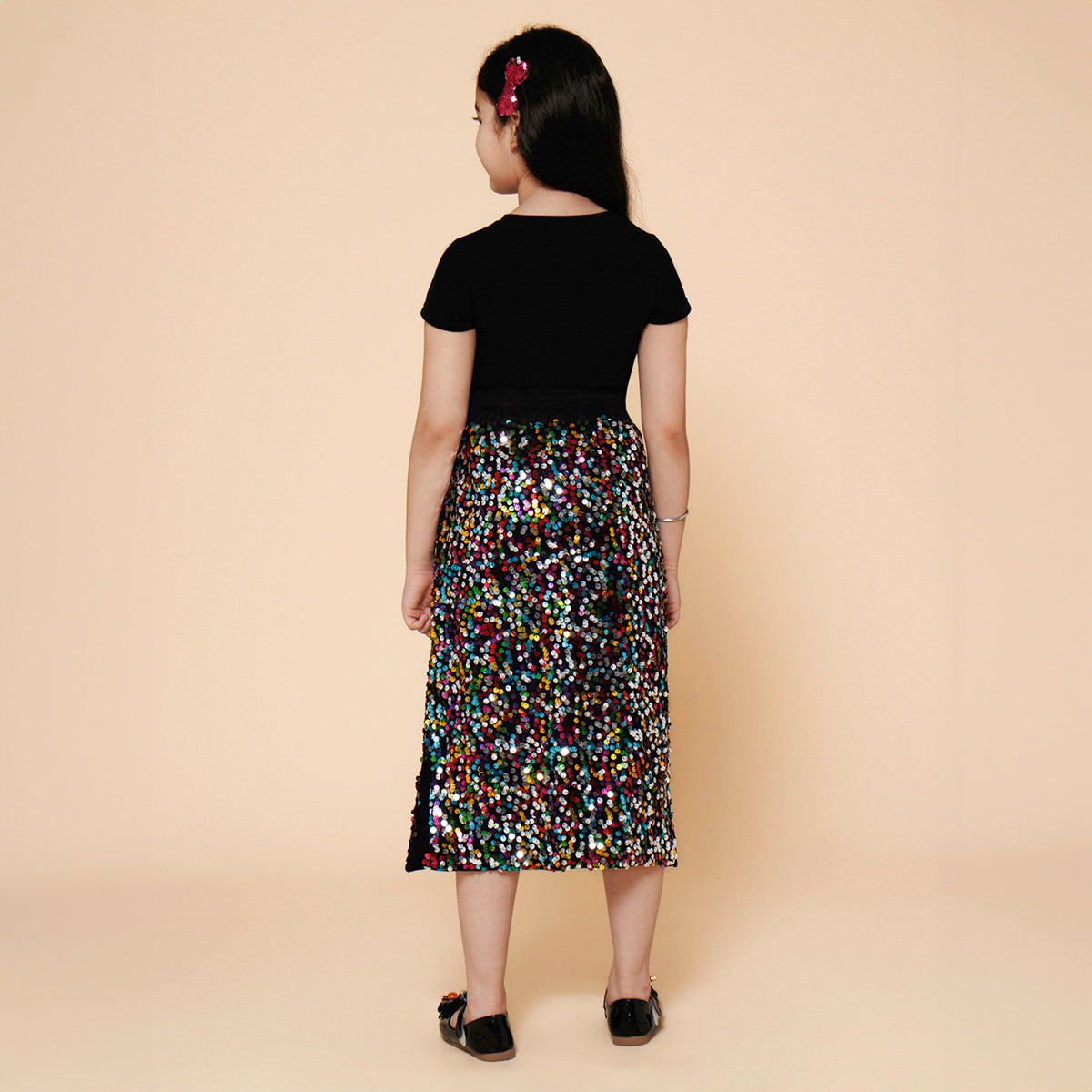 Piccolo-Sequinned Long Skirt With Side Slit &amp; Tee-Black