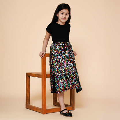 Piccolo-Sequinned Long Skirt With Side Slit &amp; Tee-Black