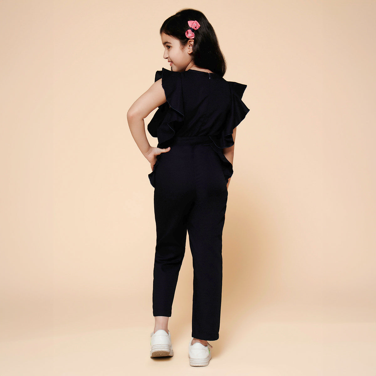 Ruffled Jumpsuit with Belt-Navy Blue