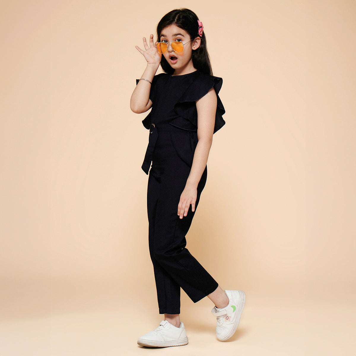 Ruffled Jumpsuit with Belt-Navy Blue