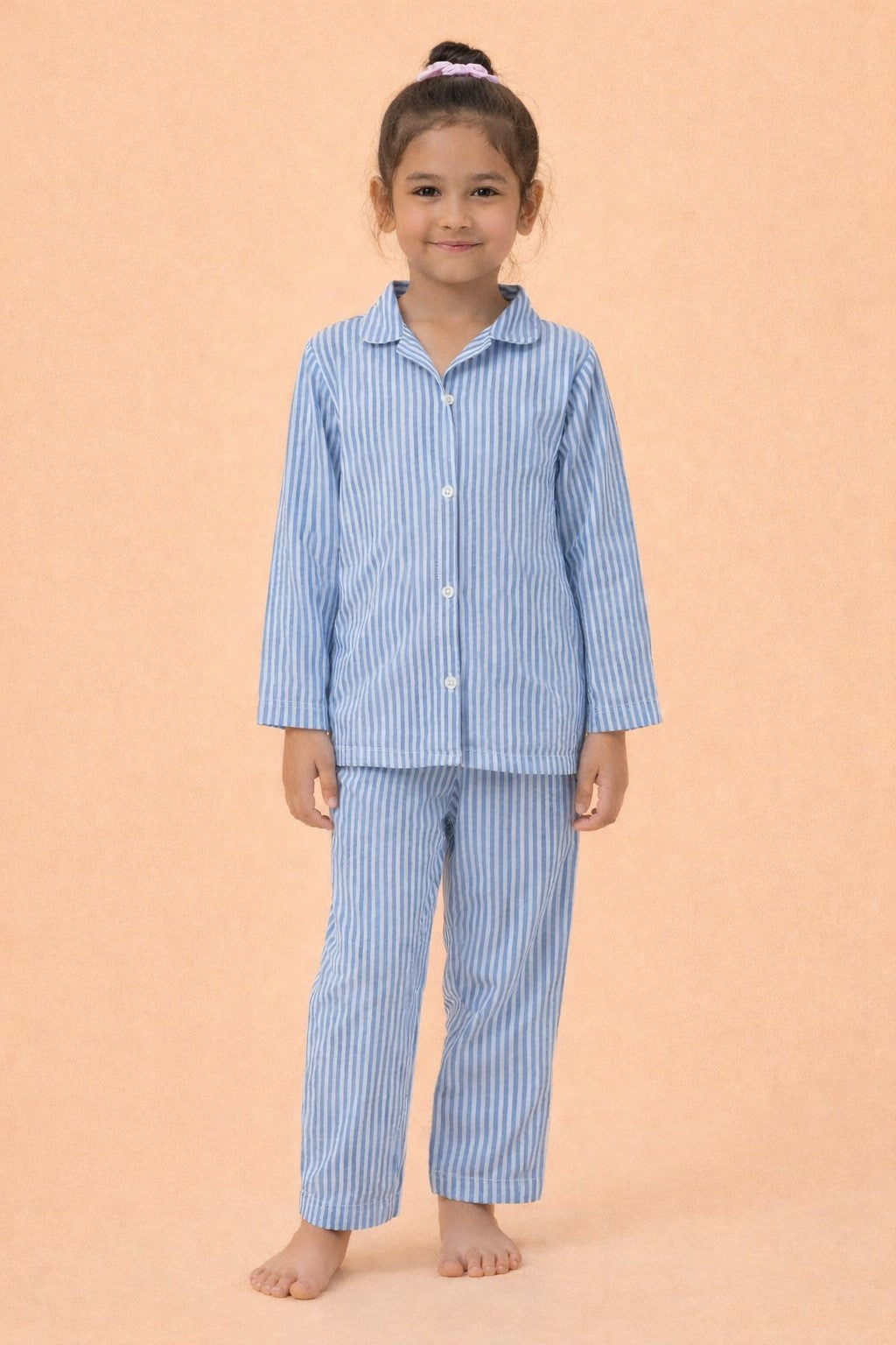 Piccolo Girls Striped Seersucker Cotton Night Suit with  Back Hello Sunshine Embroidery Blue & White