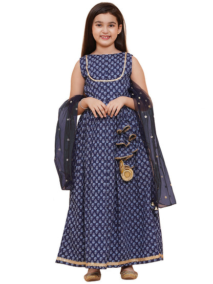 Printed Cotton Long Kurta with and Dupatta Blue