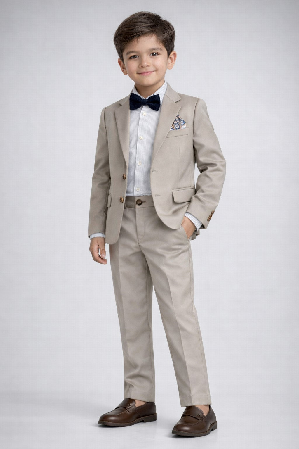 Piccolo-Boys Five-Piece Single-Breasted Blazer, Shirt with Trousers Set -Brown