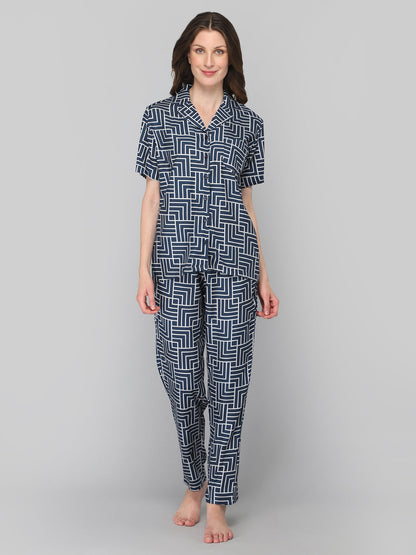 DRAPE IN VOGUE Women Navy Blue &amp; White Printed Night suit