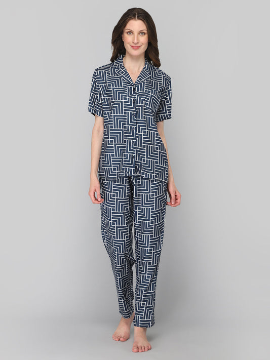 DRAPE IN VOGUE Women Navy Blue &amp; White Printed Night suit