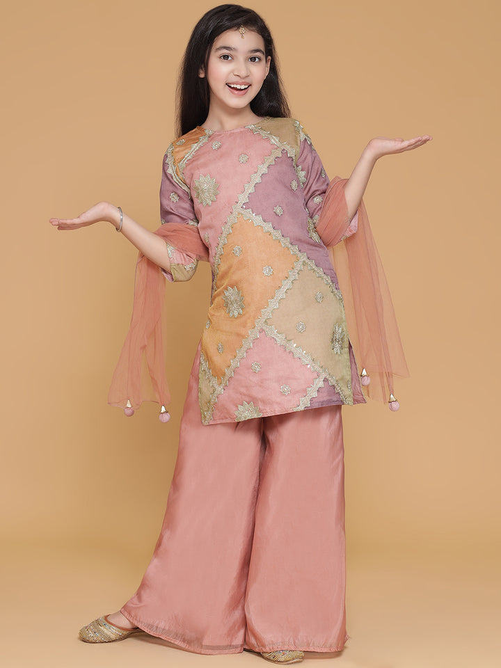 Piccolo- Tissue Silk Embroidered Kurta With Pallazo Set - Pink