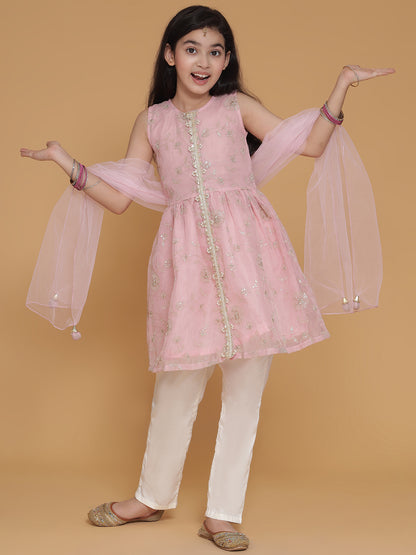 Girls Pink Sequinned Floral A Line Kurta And Pants Set With Dupatta