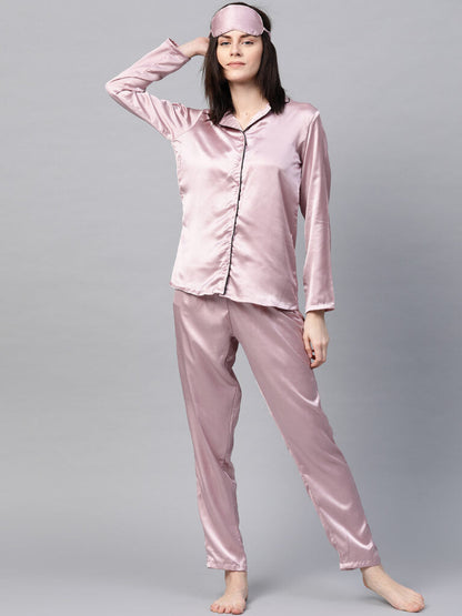 Pink Satin Night Suit With Eye mask