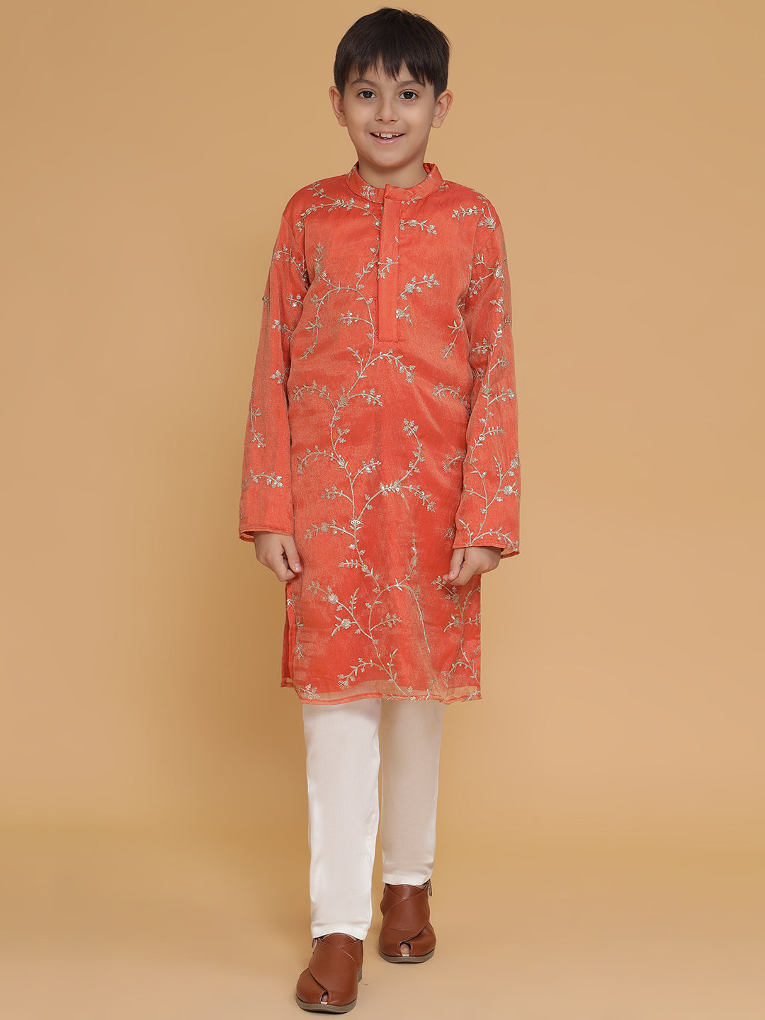 Boys Orange Organza Embroidered Kurta And Pyjama Set