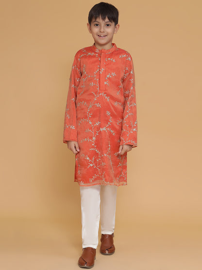 Orange Organza Embroidered Kurta with Pyjama set