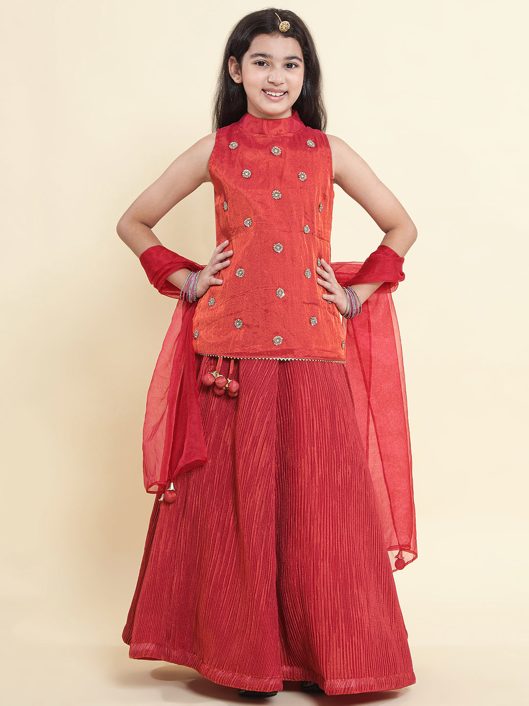 PICCOLO Tissue Silk Handwork Choli with Pleated Lehenga & Organza Dupatta Set-Rust