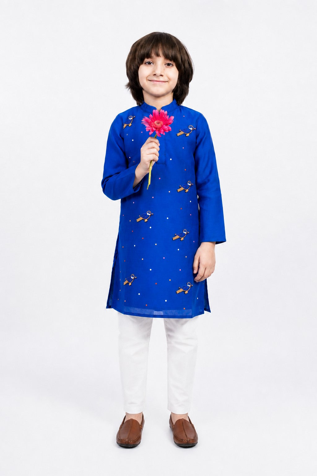 Piccolo Boys Royal Blue Bird Appliqué Kurta and White Payjama Set