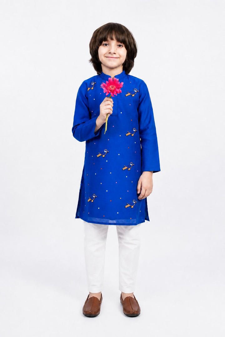 Piccolo Boys Royal Blue Bird Appliqué Kurta and White Payjama Set