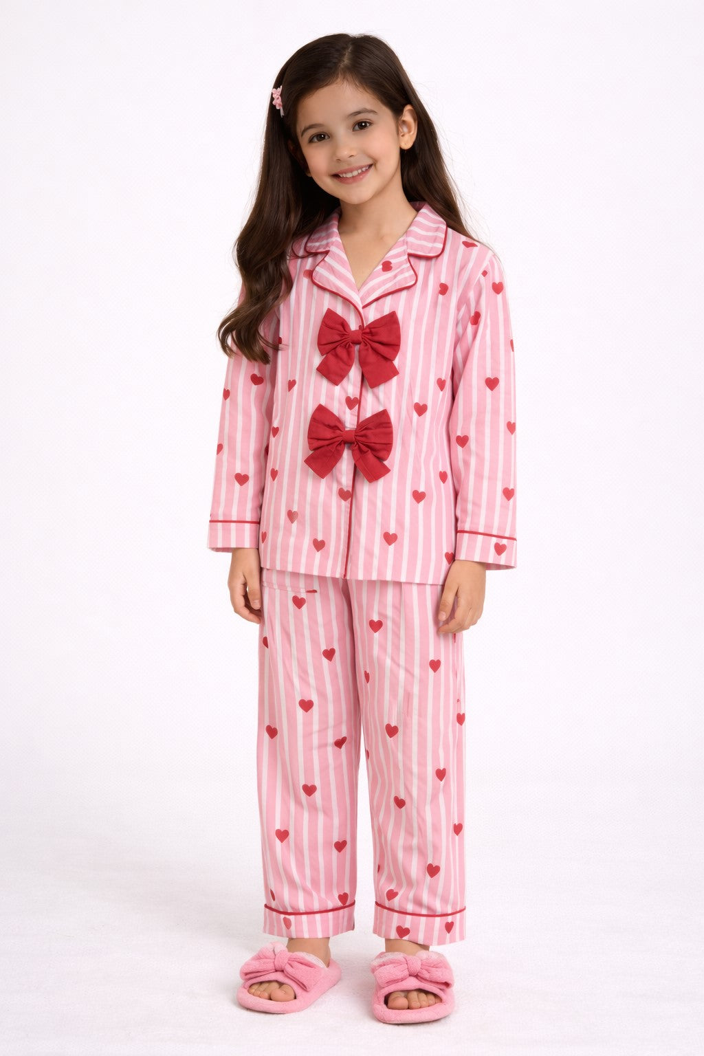 Piccolo Girls Pink Stripe Night Suit with Bow Detail-Pink