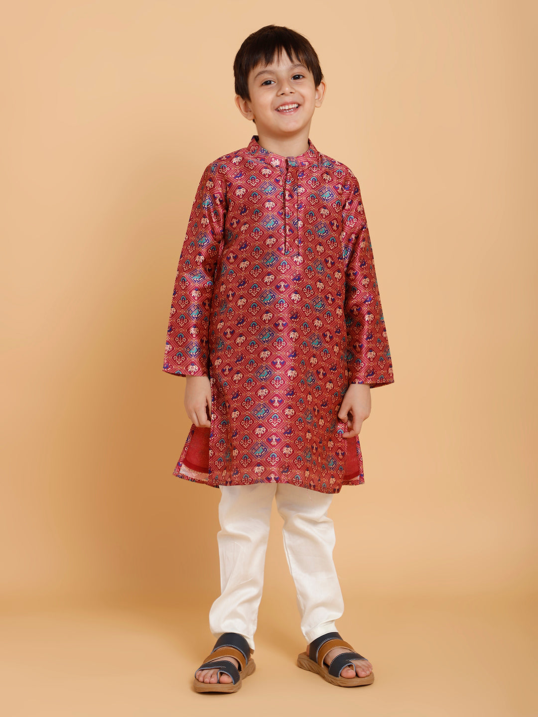 Boys Maroon Piccolo Silk Elephant-Print Kurta Pyjama Set