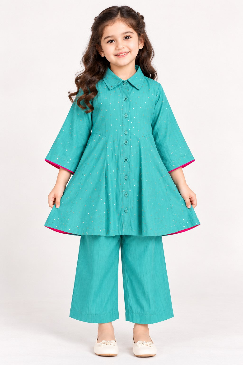Piccolo  Mal Chanderi Mukaish Work Kurta With Pant Set - Turquoise Green