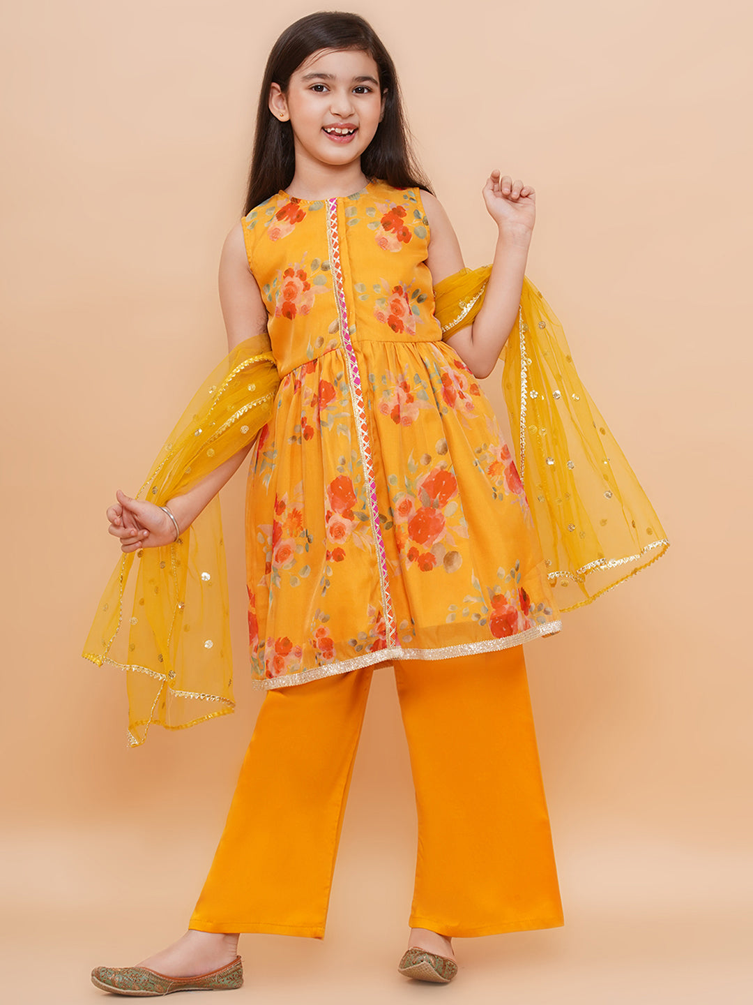 Girls Yellow Floral Organza Kurta And Palazzo Set With Dupatta