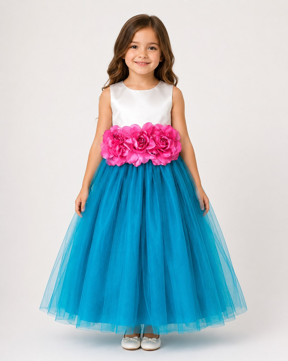Piccolo Net Floral applique Tulle Party Gown-Turquoise