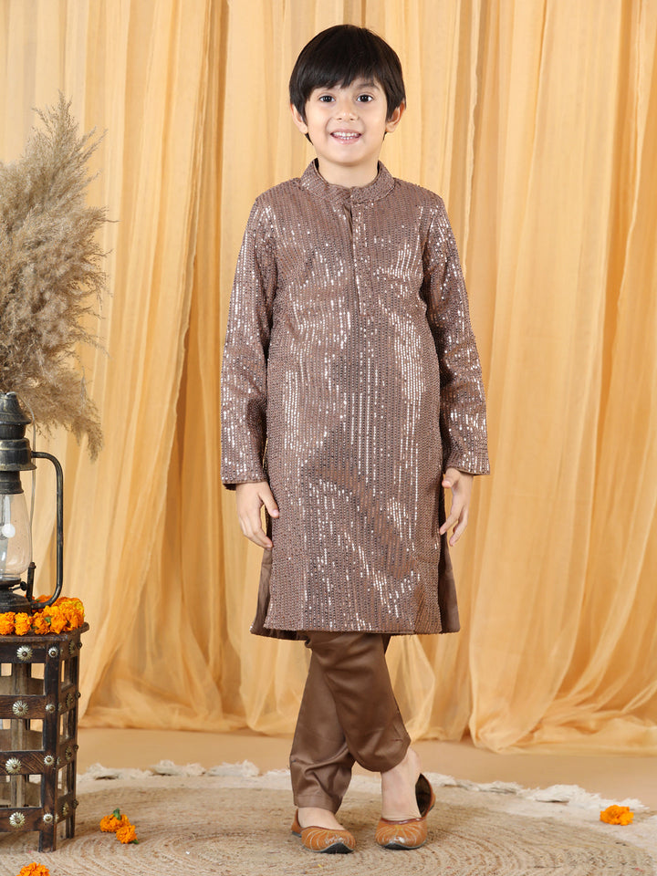 Boys Copper Sequinned Kurta And Pyjama Set