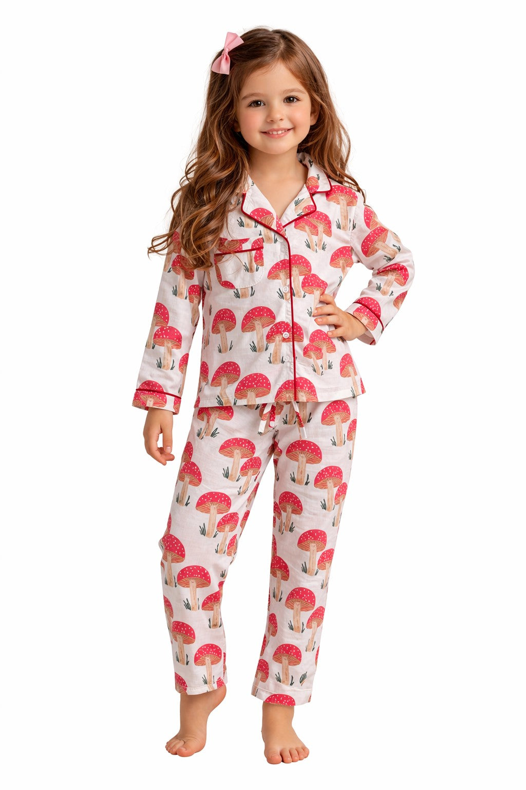 White Mushroom Print Pure Cotton Night Suit Set for Girls (Shirt & Pyjama)