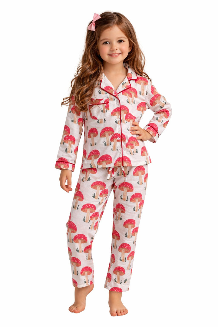 White Mushroom Print Pure Cotton Night Suit Set for Girls (Shirt & Pyjama)