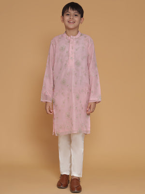 Boys Pink Ethnic Motifs Embroidered Kurta And Pyjamas Set